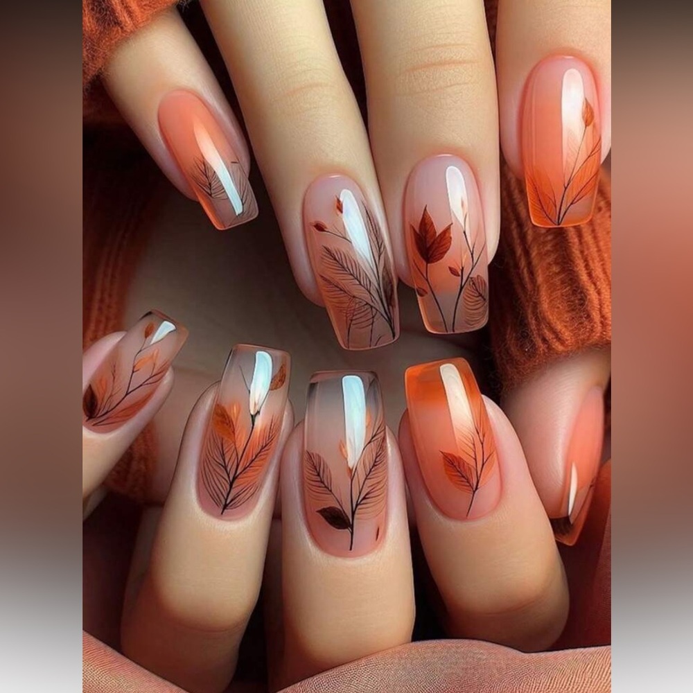 Autumn Orange & White Leaf Design Nail Art